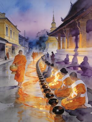 Luang Prabang Morning Alms Ceremony Watercolor Canvas Print