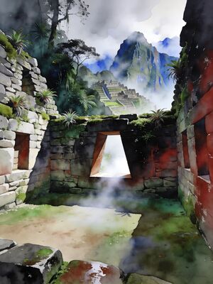 Machu Picchu Ruins in Cloud Forest Mist Watercolor Canvas Print