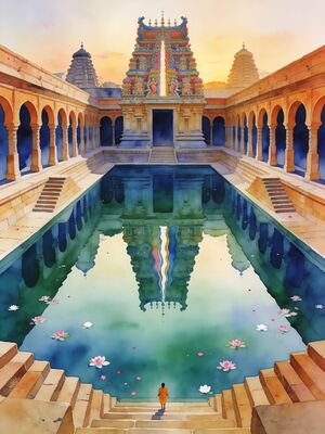 Madurai Temple Tank Reflection Watercolor Painting — Watercolor Canvas
