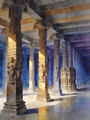 Madurai Thousand Pillar Hall Watercolor Canvas Print
