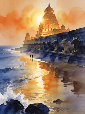 Mahabalipuram Shore Temple Ocean Watercolor Canvas Print