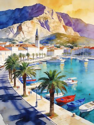 Makarska Riva with Biokovo Mountain Watercolor Canvas Print