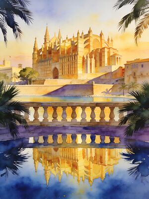 Mallorca Palma Cathedral Harbor Watercolor Canvas Print