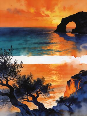 Mallorca Sunset Coast Watercolor Canvas Print