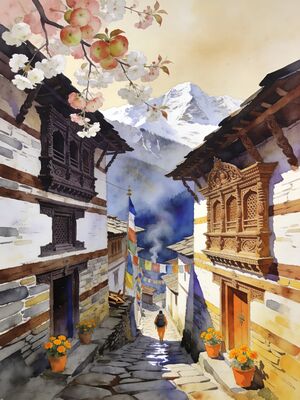 Manali Solang Valley Panorama Watercolor Canvas Print