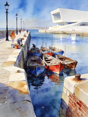 Margate Fishing Boats Sheltered Bay Watercolor Canvas Print