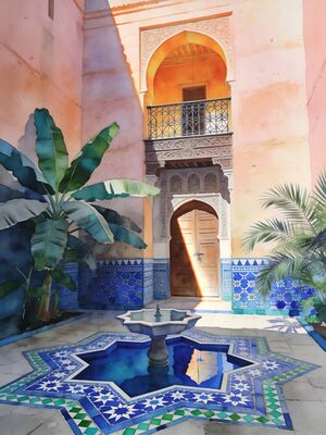 Marrakech Medina Riad Courtyard with Fountain Watercolor Canvas Print