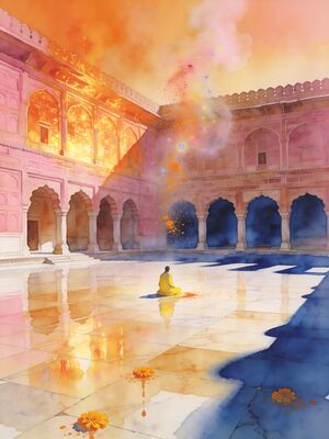 Mathura-Vrindavan Banke Bihari Temple Crowd Watercolor Canvas Print