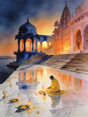 Mathura-Vrindavan Yamuna Ghats Evening Watercolor Canvas Print