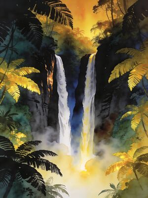 Mauritius Chamarel Waterfall Sunset Watercolor Canvas Print
