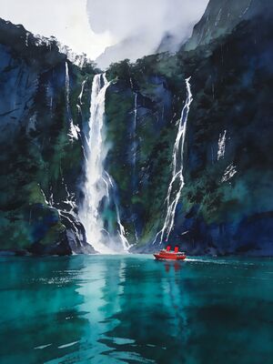 Milford Sound Mitre Peak Rising from Fiord Watercolor Canvas Print