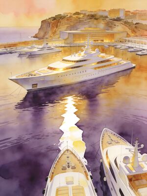 Monaco Port Hercules Night Marina Watercolor Canvas Print
