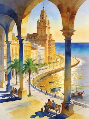 Montevideo Ciudad Vieja Rambla Watercolor Canvas Print