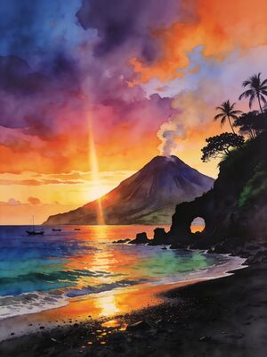 Montserrat Sunset Coast Watercolor Canvas Print