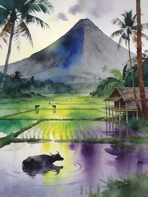 Mount Mayon Reflected in Sumlang Lake Watercolor Canvas Print