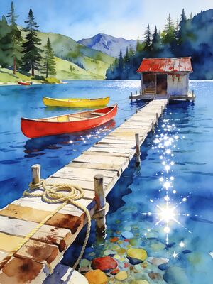 Mountain Lake Lakeside Dawn Watercolor Canvas Print