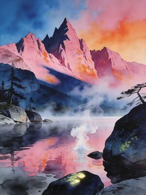 Mountain Lake Boat Scene Morning Watercolor Painting — Watercolor Canvas