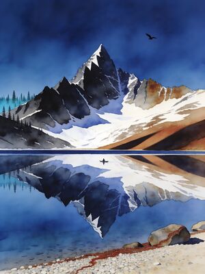Mountain Lake Reflection View Watercolor Canvas Print