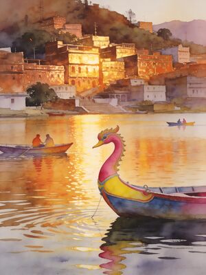 Nainital Mall Road Reflection Watercolor Canvas Print