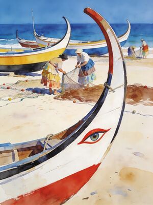 Nazare Fishing Boats Bay Watercolor Canvas Print