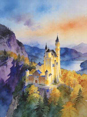Neuschwanstein Castle Courtyard Watercolor Canvas Print