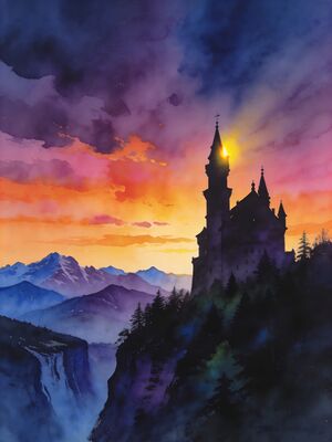 Neuschwanstein Castle Sunset Terrace Watercolor Canvas Print
