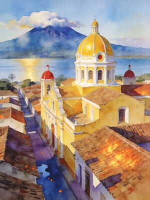 Nicaragua Granada Cathedral Lake Watercolor Canvas Print