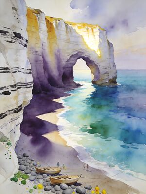 Normandy Coast Etretat Arch Cliffs Watercolor Canvas Print