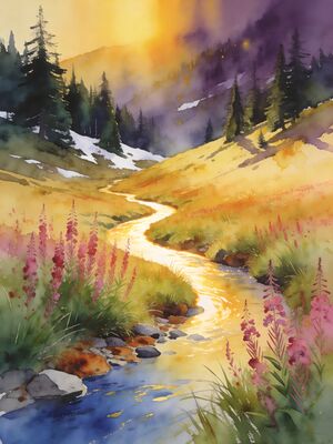Northern Lights Summit Panorama Watercolor Canvas Print