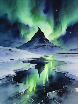 Northern Lights over Kirkjufell Watercolor Canvas Print