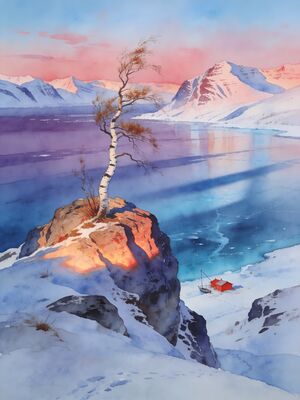 Northern Lights Mountain Lake Watercolor Canvas Print