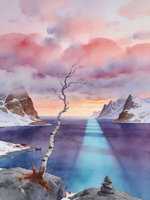 Northern Lights Sunrise Peak Watercolor Canvas Print