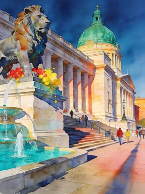 Nottingham Old Market Square Watercolor Canvas Print