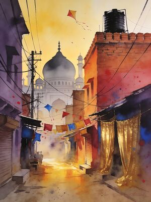 Old Delhi Jama Masjid Steps Watercolor Canvas Print