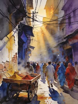 Old Delhi Haveli Rooftop View Watercolor Canvas Print