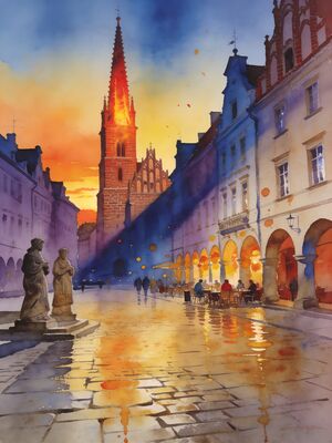 Olsztyn Historic Church and Town Plaza Watercolor Canvas Print