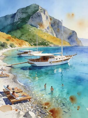 Olu Deniz Fishing Boats Sheltered Bay Watercolor Canvas Print
