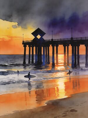 Orange County Huntington Beach Sunset Watercolor Canvas Print