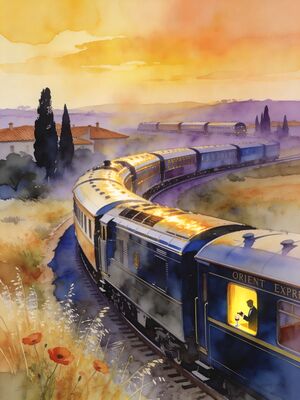 Orient Express Station Departure at Night Watercolor Painting — Watercolor Canvas