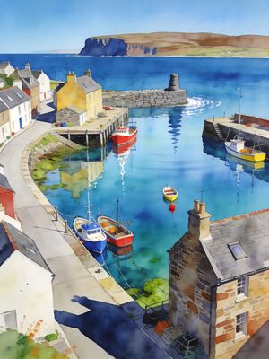 Orkney Islands Harbor with Boats Watercolor Canvas Print