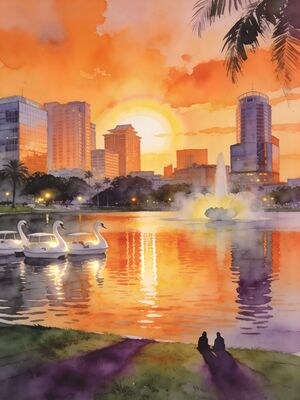 Orlando Lake Eola Swan Boats Night Watercolor Canvas Print