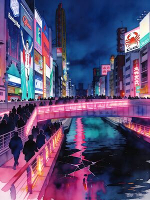 Osaka Dotonbori Canal at Night Watercolor Canvas Print
