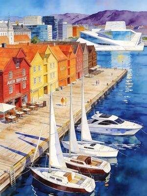 Oslo Aker Brygge Wharf Wooden Houses Watercolor Canvas Print