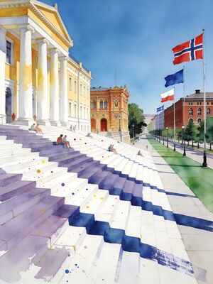 Oslo Karl Johan Gate Royal Palace Watercolor Canvas Print