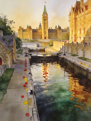 Ottawa Parliament Hill Canal Watercolor Canvas Print