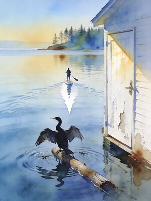 Stand-Up Paddle Boarder on Calm Bay Watercolor Canvas Print