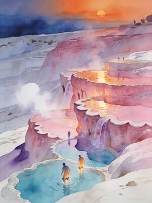 Pamukkale White Travertine Terraces Watercolor Canvas Print