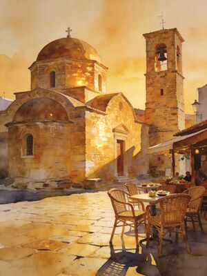 Paphos Historic Church Town Plaza Watercolor Canvas Print