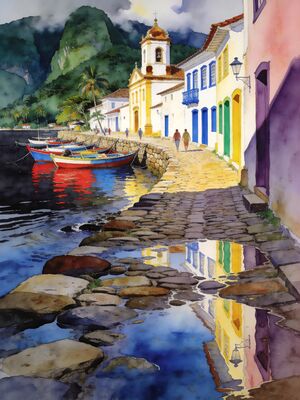 Paraty Colonial Waterfront Watercolor Canvas Print