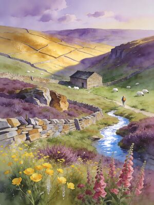 Peak District Summit Panorama Watercolor Canvas Print